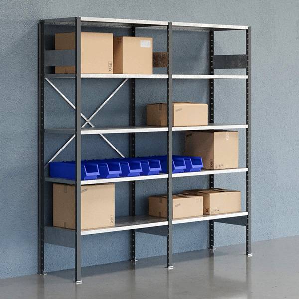 Lagerreol V06 med &aring;ben gavl 2100x2000x500mm galvaniseret