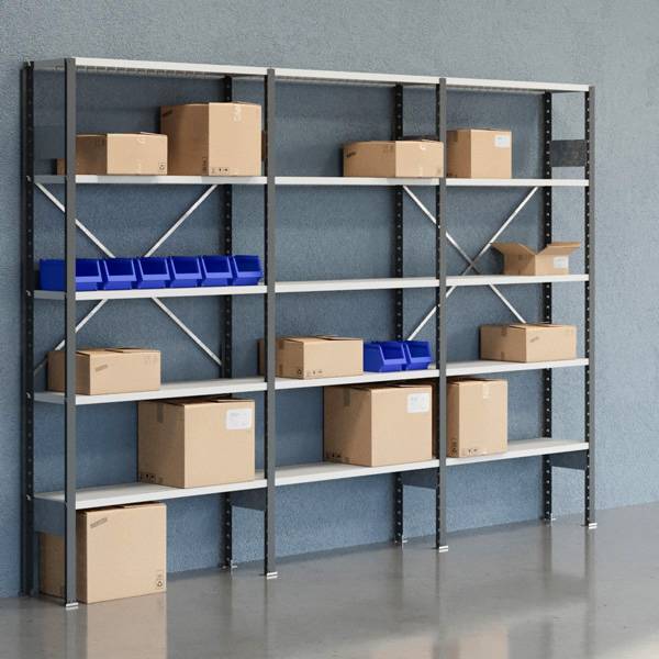 Lagerreol V06 med &aring;ben gavl 2100x3000x300mm lakeret lysegr&aring;