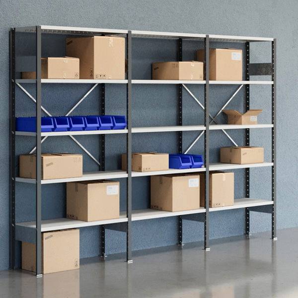 Lagerreol V06 med &aring;ben gavl 2100x3000x400mm lakeret lysegr&aring;