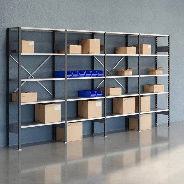 Lagerreol V06 med &aring;ben gavl 2100x4000x400mm galvaniseret