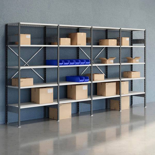 Lagerreol V06 med &aring;ben gavl 2100x4000x500mm lakeret lysegr&aring;