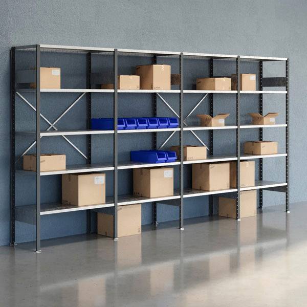 Lagerreol V06 med &aring;ben gavl 2100x4000x500mm galvaniseret