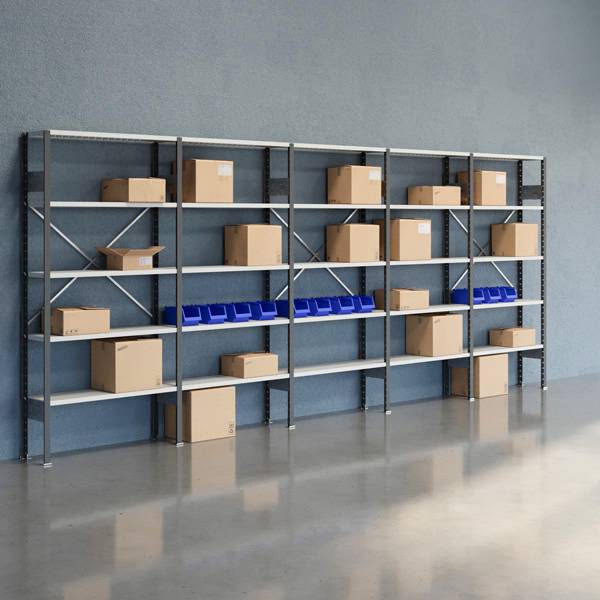 Lagerreol V06 med &aring;ben gavl 2100x5000x300mm lakeret lysegr&aring;