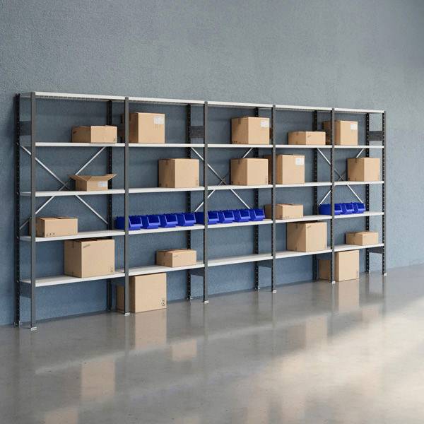 Lagerreol V06 med &aring;ben gavl 2100x5000x300mm lakeret lysegr&aring;