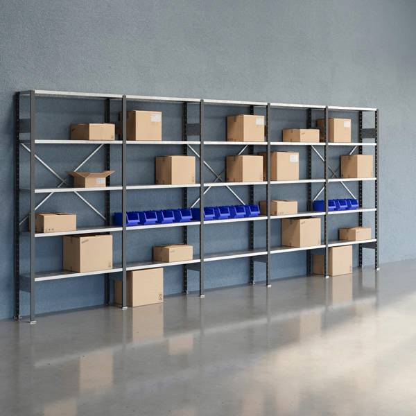 Lagerreol V06 med &aring;ben gavl 2100x5000x300mm galvaniseret