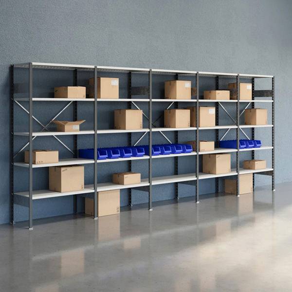 Lagerreol V06 med &aring;ben gavl 2100x5000x500mm lakeret lysegr&aring;