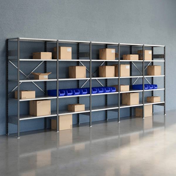 Lagerreol V06 med &aring;ben gavl 2100x5000x500mm galvaniseret