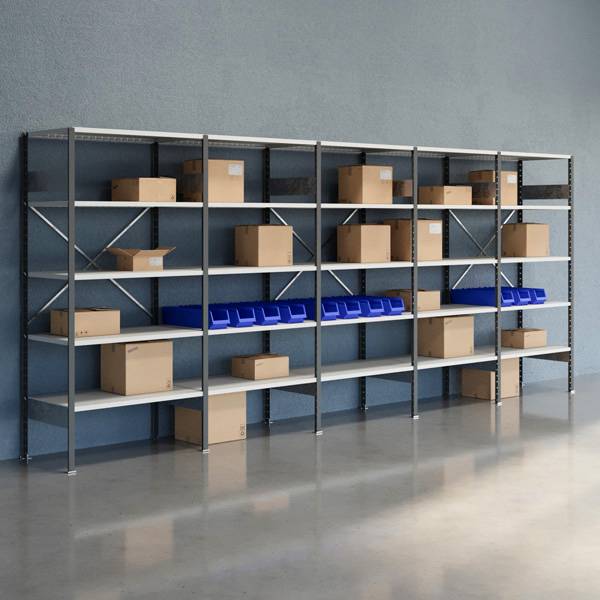 Lagerreol V06 med åben gavl 2100x5000x600mm lakeret lysegrå