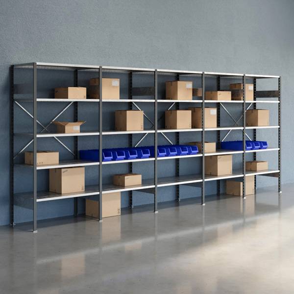 Lagerreol V06 med &aring;ben gavl 2100x5000x600mm galvaniseret