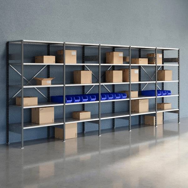 Lagerreol V06 med &aring;ben gavl 2100x5000x600mm galvaniseret