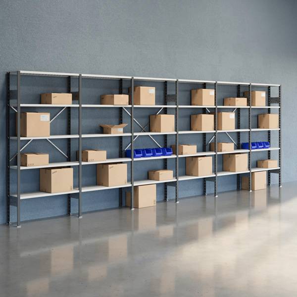 Lagerreol V06 med &aring;ben gavl 2100x6000x300mm lakeret lysegr&aring;