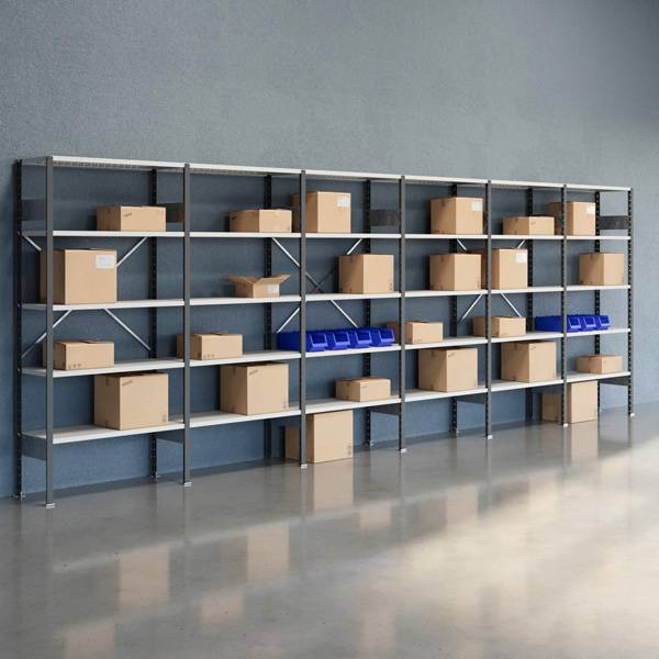 Lagerreol V06 med &aring;ben gavl 2100x6000x400mm lakeret lysegr&aring;