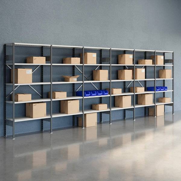 Lagerreol V06 med &aring;ben gavl 2100x6000x400mm lakeret lysegr&aring;