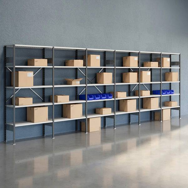 Lagerreol V06 med &aring;ben gavl 2100x6000x400mm lakeret lysegr&aring;