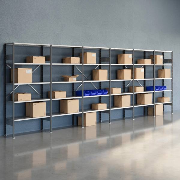 Lagerreol V06 med &aring;ben gavl 2100x6000x400mm galvaniseret