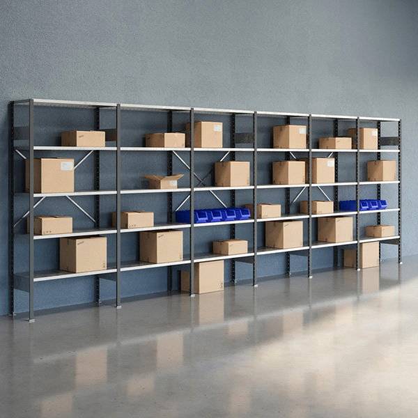 Lagerreol V06 med &aring;ben gavl 2100x6000x400mm galvaniseret