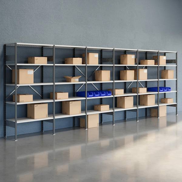 Lagerreol V06 med åben gavl 2100x6000x500mm lakeret lysegrå