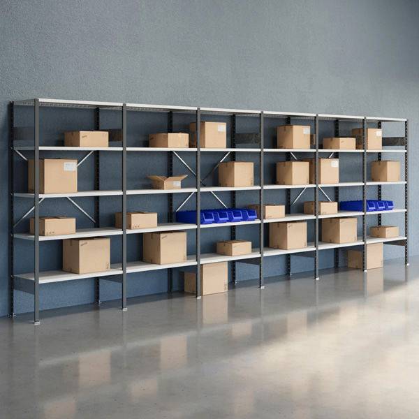 Lagerreol V06 med &aring;ben gavl 2100x6000x500mm lakeret lysegr&aring;