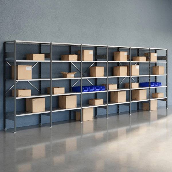 Lagerreol V06 med &aring;ben gavl 2100x6000x500mm galvaniseret