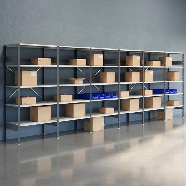 Lagerreol V06 med åben gavl 2100x6000x600mm lakeret lysegrå