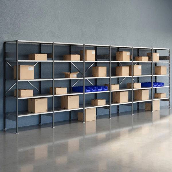 Lagerreol V06 med &aring;ben gavl 2100x6000x600mm galvaniseret