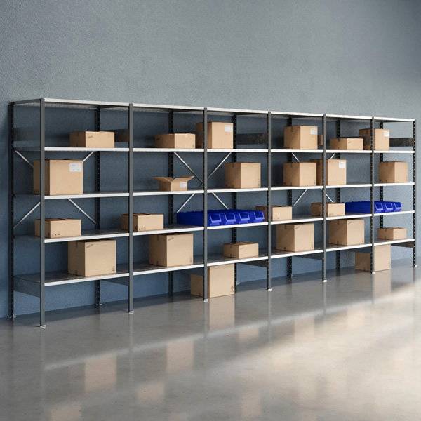 Lagerreol V06 med &aring;ben gavl 2100x6000x600mm galvaniseret