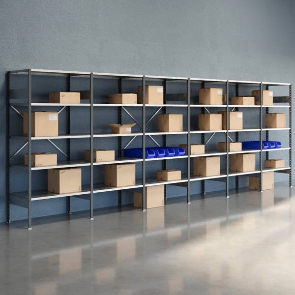 Lagerreol V06 med &aring;ben gavl 2100x6000x600mm galvaniseret