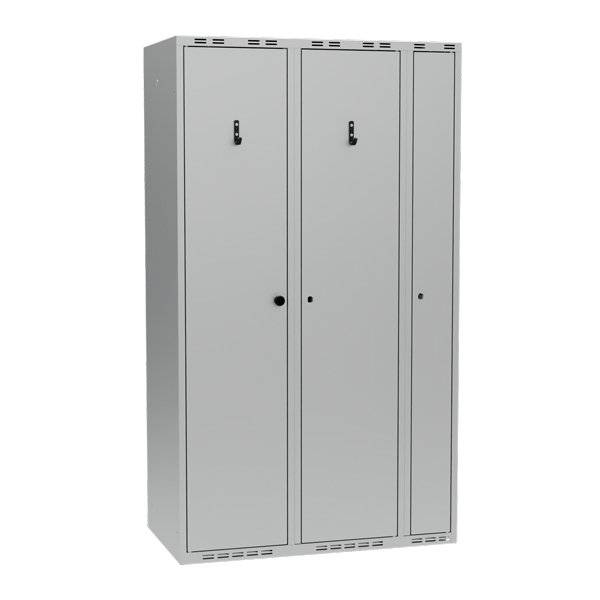 Garderobeskab PRO i st&aring;l, model B, 3 rum, lige tag, lys gr&aring;