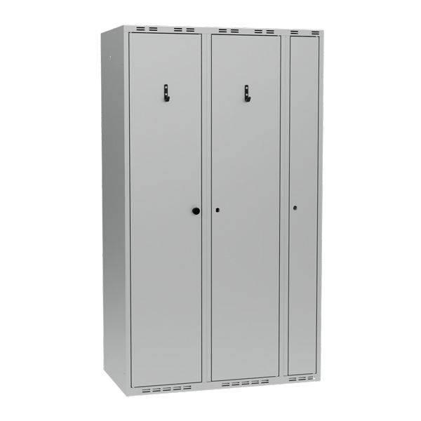 Garderobeskab PRO i st&aring;l, model B, 3 rum, lige tag, lys gr&aring;