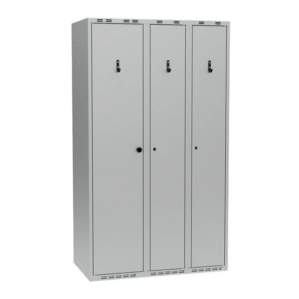Garderobeskab PRO i st&aring;l, model C, 3 rum, lige tag, lys gr&aring;