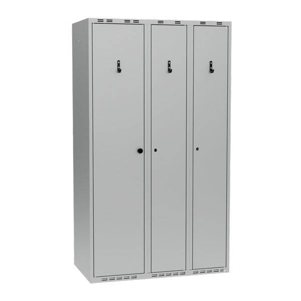 Garderobeskab PRO i st&aring;l, model C, 3 rum, lige tag, lys gr&aring;