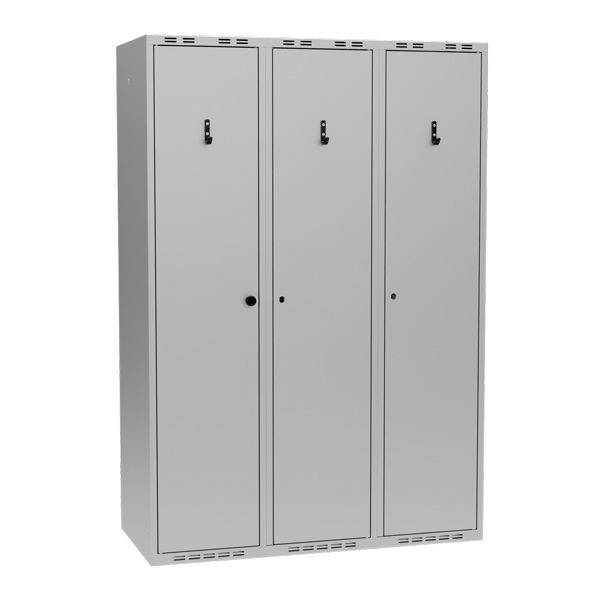 Garderobeskab PRO i st&aring;l, model G, 3 rum, lige tag, lys gr&aring;