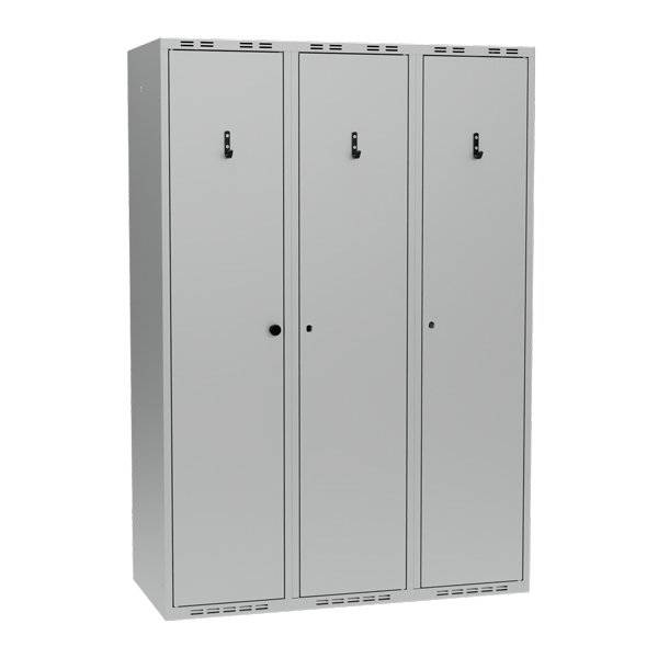 Garderobeskab PRO i st&aring;l, model G, 3 rum, lige tag, lys gr&aring;