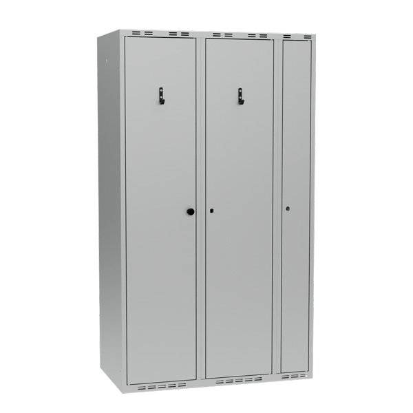 Garderobeskab PRO i st&aring;l, model F, 3 rum, lige tag, lys gr&aring;