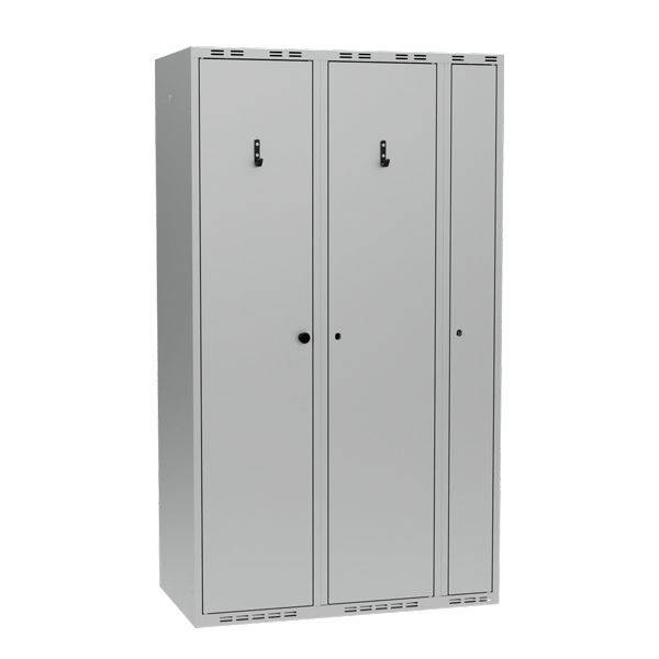 Garderobeskab PRO i st&aring;l, model F, 3 rum, lige tag, lys gr&aring;