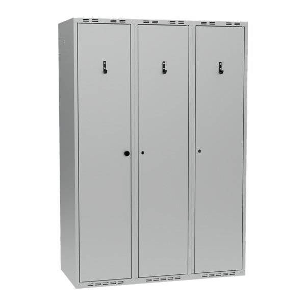 Garderobeskab PRO i st&aring;l, model H, 3 rum, lige tag, lys gr&aring;