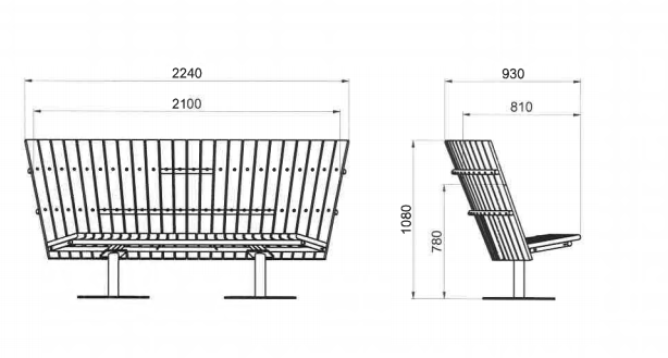 Cirkum sofabænk 60° buet høj ryg i massiv eg med alugråt stel