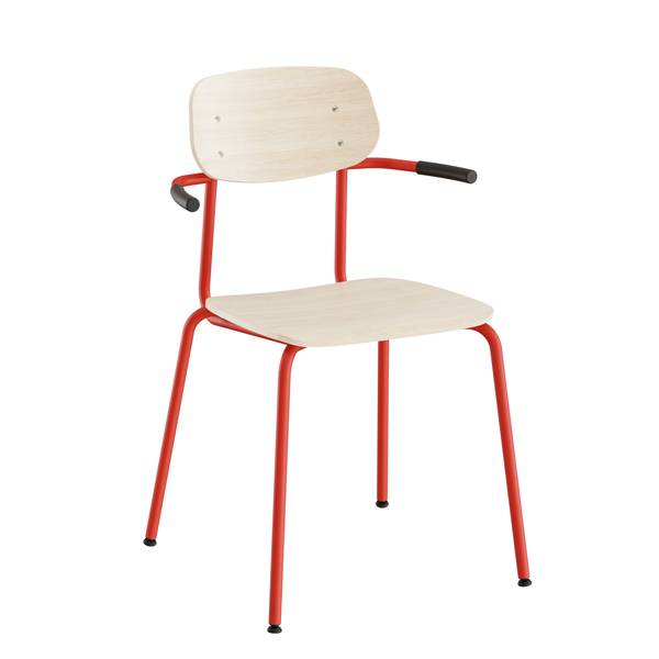 Atlas elevstol med arml&aelig;n hvidpigmenteret egelaminat og r&oslash;dt stel