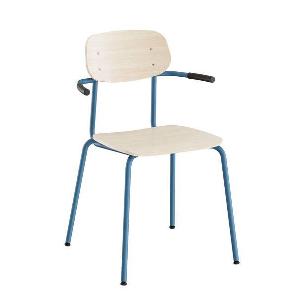 Atlas elevstol med arml&aelig;n hvidpigmenteret egelaminat og bl&aring;t stel