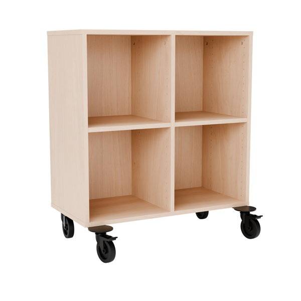 Stig reol med 4 rum p&aring; hjulplade 915x810x400mm lys eg laminat