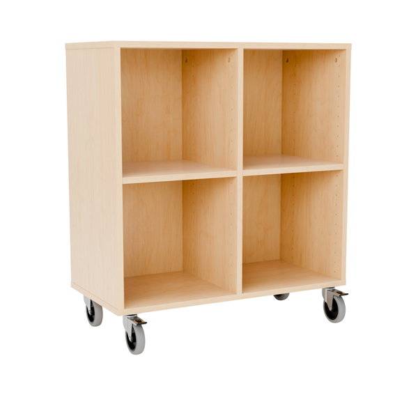 Stig reol med 4 rum p&aring; store hjul 905x810x400mm birk laminat