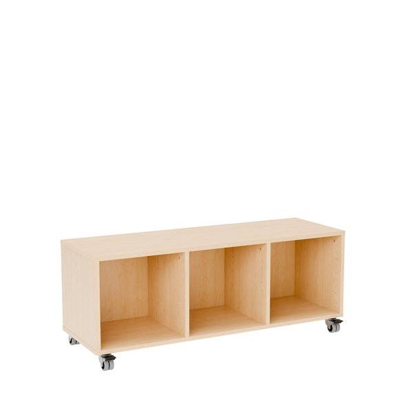 Stig reol med 3 rum p&aring; sm&aring; hjul 480x1200x400mm birk laminat