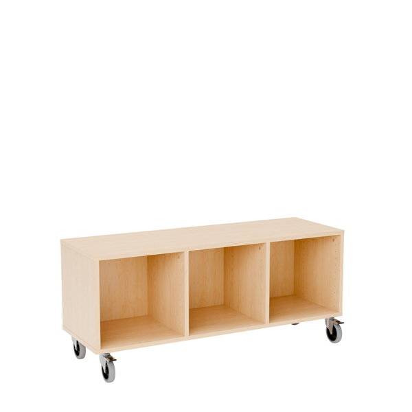 Stig reol med 3 rum p&aring; store hjul 520x1200x400mm birk laminat