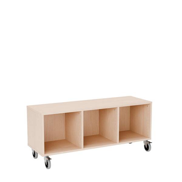 Stig reol med 3 rum p&aring; store hjul 520x1200x400mm lys eg laminat