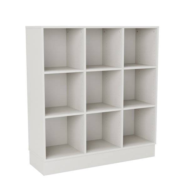 Stig reol med 9 rum p&aring; sokkel 1300x1200x400mm gr&aring; laminat