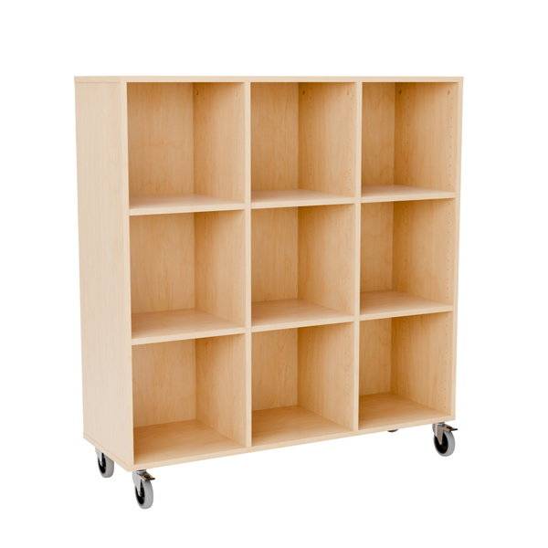 Stig reol med 9 rum p&aring; store hjul 1290x1200x400mm birk laminat