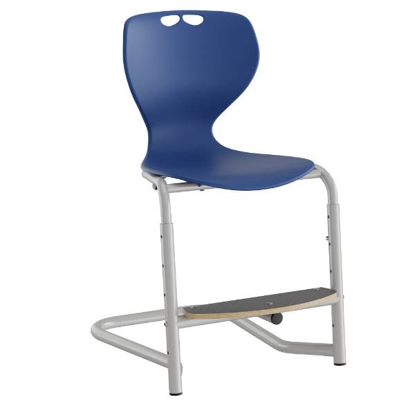 Tarris elevstol med mørkeblåt sæde, sølv stel og fodplade