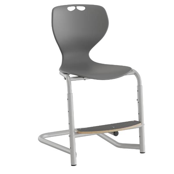 Tarris elevstol med gr&aring;t s&aelig;de, s&oslash;lv stel og fodplade