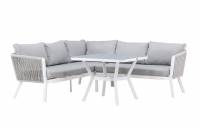 Virya loungegruppe hj&oslash;rnesofa med hynder og bord hvid og gr&aring;