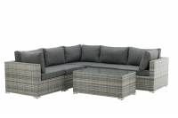 Amazon loungegruppe med hj&oslash;rnesofa og bord i gr&aring; rattan